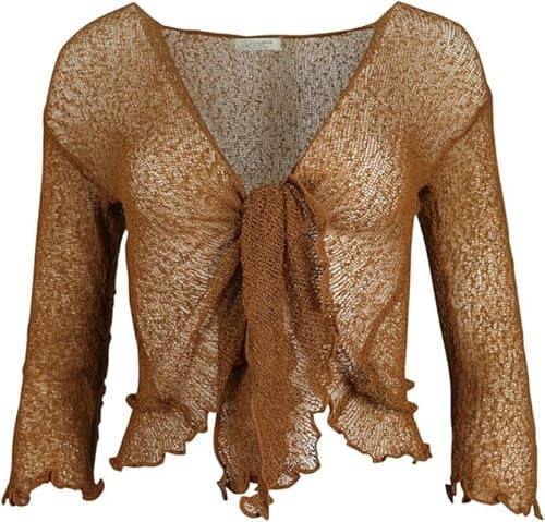 Kiran Fashion Womens Tie Up 3/4 Sleeve Ladies Fine Knit Bolero Cropped Stretchy Shrug Top Jacket Cardigan One Size (UK, Alpha, One Size, Regular, Regular, Dark Tan)