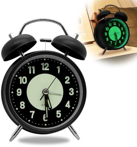 Idota Retro Doppelglockenwecker mit leuchtendem Design und lauten Klingeltönen, 10,2 cm großes Zifferblatt, Schwarz