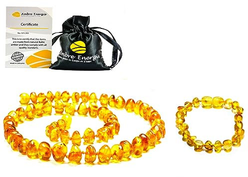Bernstein Halskette & Armband Geschenkset, Mehrere Farben, Unisex, Halskette 32 cm, Armband 14 cm, Baltische Bernsteinkette (Gelb)