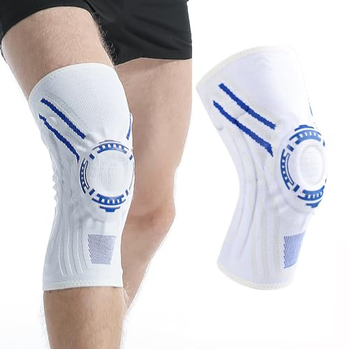 Coogime 2 Stück Kniebandage für Herren und Damen, Kniestütze mit beidseitiger T-Federunterstützung und Silikon-Patella-Pad, knee support, Kniestütze (White-Blue, XXL)