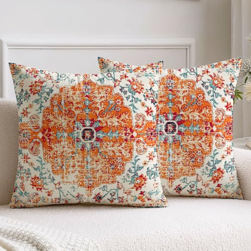 Vorysum 2er Set Kissenbezüge 45x45 cm Boho Kissenbezug Abstrakte Deko Kissen Vintage Rot Kissenhülle Doppelseitiges Muster Samt Kissen für Garten Sofa Bett Dekorative Kissenhüllen