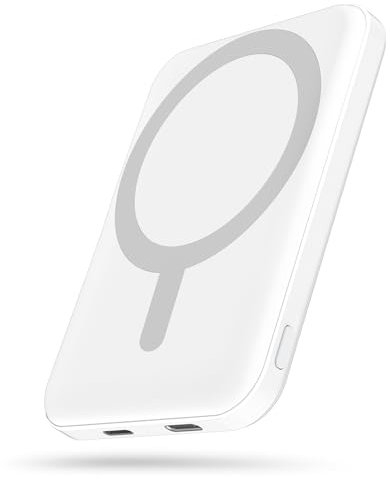 Podoru for Mag-Safe Batterie Externe 5000mAh, Batterie Externe avec iPhone 20W PD Charge Rapide, Power Bank Magnetique avec Type-C Lighting pour iPhone 17/16/15/14/13/12 Toute la Série-Blanc