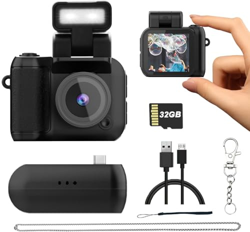 Mini Digital Camera with 32GB Card–Y2K-Style FHD 1080P Mini Retro Camera with Charging Base & Keychain Cameras Design. 1.4 LCD Screen,Vintage Cameras Ultra-Compact, Lightweight–Great Creative Gift.