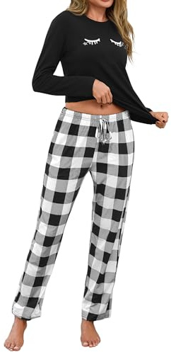 Uniexcosm Pigiama per Donna Pigiama Donna Cotone Lungo Leggero Gatto Girocollo Maniche Lunghe Pigiama Due Pezzi Donna a Tasche Laterali