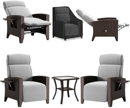 YOIZO Relaxliege Liegesessel 2Pcs, Rattansessel mit Liegefunktion, Gartensesse Verstellbar Rückenlehne, Relaxsessel mit Staubschutz, für Drinnen, Balkon, Garten, Innenhof (2B + Balkontisch)