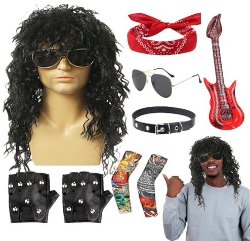 Rocker Costume, Metal Disco Hippie Outfit, Punk Wig Outfit Set for Men Party Holiday Stage Performance Beach Outdoor Musical Festival Halloween Events