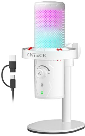 CMTECK Micrófono USB para juegos de PC, micrófono condensador para juegos con silencio rápido, indicador RGB, Plug and Play, micrófono de podcast de escritorio para grabación de estudio, YouTube