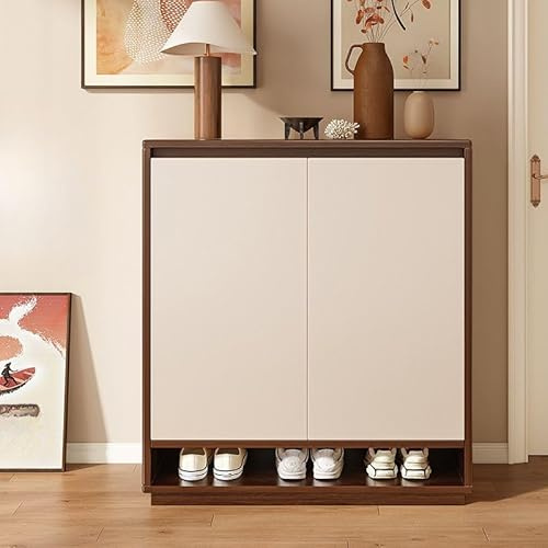 Moderno zapatero de madera ajustable, versátil para armario, entrada, garaje, dormitorio, 59 cm de largo x 32 cm de ancho x 100 cm de alto, acabado nogal/blanco