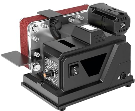 Mini lijadora de banda de banco, afiladora eléctrica de 100 W con ruedas de fibra y tela, batería de 4.0 AH, velocidad de banda de 10 m/s, velocidad continua, dirección ajustable