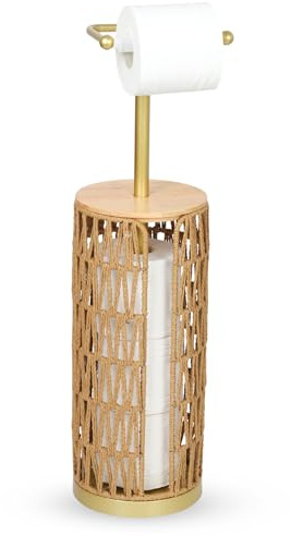 Rayofly Boho Toilettenpapierhalter Aufbewahrung mit Regal, Rattan Klopapier Aufbewahrung, Badezimmer Freistehender Toilettenpapierhalter Stehend, Gold Toilettenpapierständer für 4 Rollen Klopapier