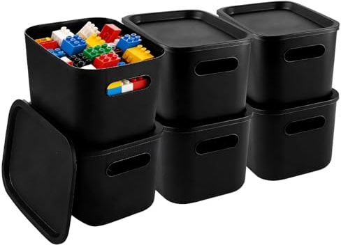 LDXDRU 6er-Set Aufbewahrungsbox mit Deckel Schwarz, 25x17.6x15CM Aufbewahrungsbox Bad Kunststoff, Aufbewahrungskorb mit Deckel, Stapelbare Kleine Box Schwarz für Küche, Büro, Schrank, Badezimmer