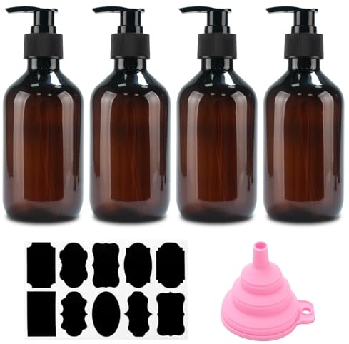 4 stycken tvåldispensrar, 300 ml schampoflaskor för fyllning, duschgeldispenser, pumpdispenser, påfyllningsbara pumpflaskor, tomma schampoflaskor för dusch, lotioner, schampo + tratt och etikett (brun
