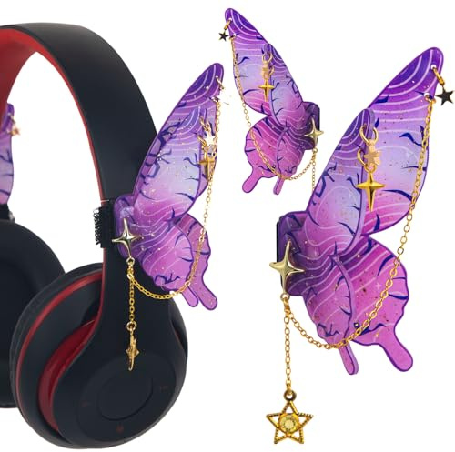foci cozi KPDH Butterfly Headphone Accessories Cute – 3D Acrylic Bows for Headphones with Gold Chains & Rhinestones, Velcro Fits Most Over-Ear Headphones(Purple)