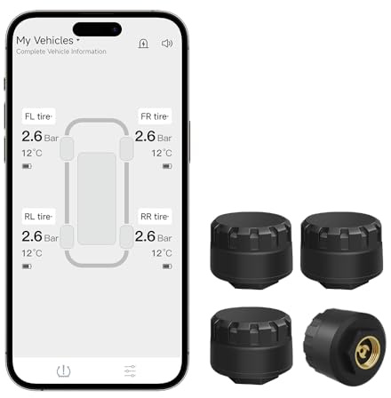 HUAJUN Däcktryckskontrollsystem med 4 externa sensorer, TPMS motorcykel bil app, trådlöst däcktryck och temperaturdetektor, stöder iOS och Android, 0-116psi/0-8bar