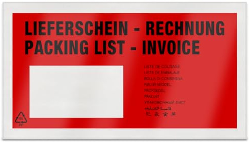 verpacking 1000 Lieferscheintaschen Pakettaschen 225 x 110 mm DIN Lang selbstklebend Dokumententasche für Rechnungen, Lieferschein und Dokumente Rot bedruckt