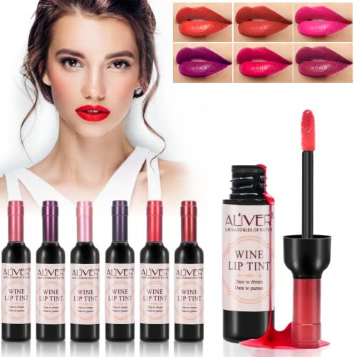 6 Farben Wein-Lippenfleck, langlebiges wasserdichtes mattes Lippentönungs-Set, flüssiges Weinflaschen-Lipgloss-Set, feuchtigkeitsspendende Lippenstifte Make-up-Geschenk für Mädchen und Frauen