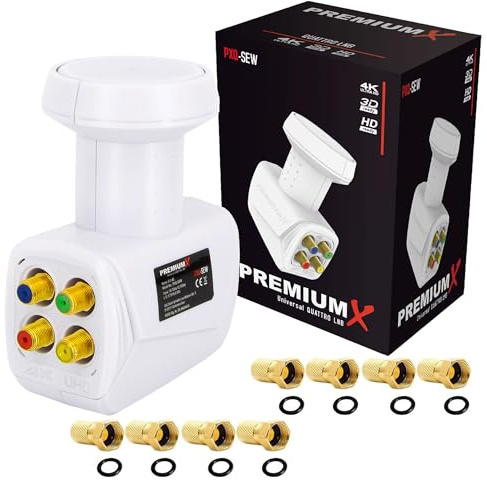 Premium X Quattro LNB - 4Fach - nur für Multischalter - 4K Full HD - mit Wetterschutz und LTE Filter + 8X F-Stecker für Satellitenschüssel Digital TV Fernseher SAT Multiswitch - Weiß