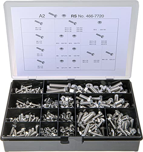 RS PRO Edelstahl A2 304 Schrauben/Bolzen und Muttern-Sortiment Sechskant, M10, M12, M6, M8 x 20 → 50mm, 624 Stück