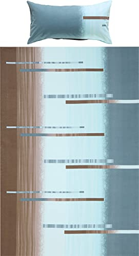 Erwin Müller Bettwäsche, Bettgarnitur Flanell blau-braun Größe 40x80 cm / 135x220 cm - flauschig warm, temparaturausgleichend, pflegeleicht, mit praktischem Reißverschluss (weitere Größen)
