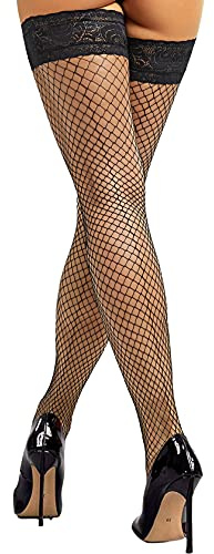 JarseHera Seam Back Fishnet Thigh High Stockings Silicone Lace Top Lingerie Stay Up Sheer Nylon Hosiery (1 Pair,Black, Large/X-Large)
