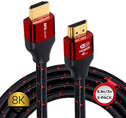Ritz Gear 8K HDMI Cable 10 ft [5 Pack] Compatible with PS5, PS4, PS3, Xbox, Roku, Apple TV, Gaming PC, Laptop or Monitor, Braided Nylon Cord & Gold Connectors, Ultra High Speed HDMI 2.1 with Ethernet