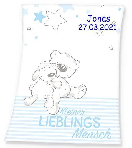 SL-Store Gbr Babydecke mit Namen Bestickt Decke 75x100 cm Geschenk zur Taufe zur Geburt Kinderdecke Drache Bär Schmetterling Hase (Lieblingsmensch hellblau)