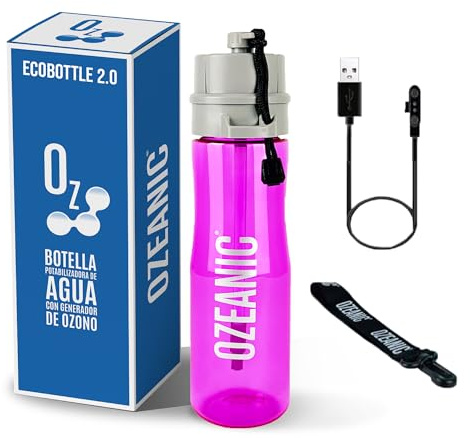 OZEANIC EcoBottle 2.0 750 ml Rosa – Botella Purificadora de Agua Reutilizable | Ozonizador de agua portátil | Elimina virus y bacterias | Sin filtros