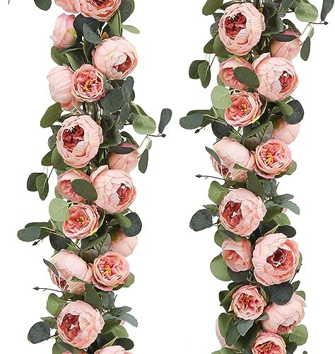 Floweroyal 2 Pack Artificial Flower Garlands 11.2FT Eucalyptus Garlands with Flowers 8 Head Peony Flower Vine Faux Floral Garland for Wedding Arch Table Wall Backdrop Wreath Decoration. (Vintage Pink)