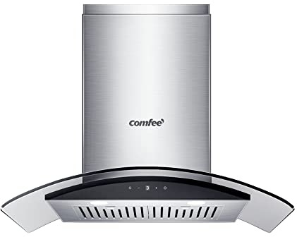 COMFEE' Curved Glass Range Hood 30 Inch 450 CFM 3 Speed Gesture Sensing &Touch Control Panel Stainless Steel kitchen Ductless/Ducted Convertible with Baffle Filters and 2 LED Lights (CVG30W9AST)