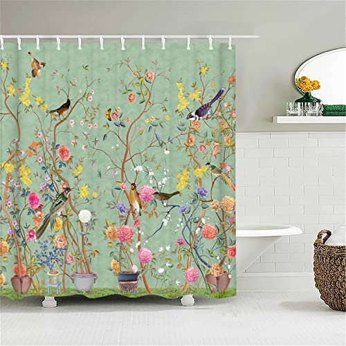 Duschvorhang für Eckdusche und Kleine Badewanne, Bad vorhang Textil aus Polyester Stoff Schimmelresistent Wasserabweisend und Waschbar, Blumen Und， 300x180cm mit Duschvorhangringen Shower Curtains