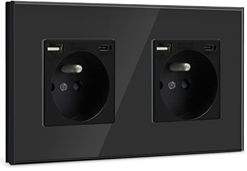 BSEED Double Prise Murale avec USB et 1 Type C,16A Prise de Courant Alternatif avec Panneau en Verre,Multiprise Murale Max 2.1A,Convient au Smartphone, à la Tablette (2 Prise avec USB et Type C,Noir)