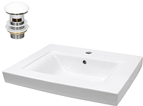ECD Germany Lavabo en Céramique Blanc 605x465x160 mm avec Garniture de Vidage 1 1/4 Universelle avec Trop-Plein, Rectangle, Vasque Encastré Moderne, Évier Lave-Mains pour Salle de Bain et Toilettes