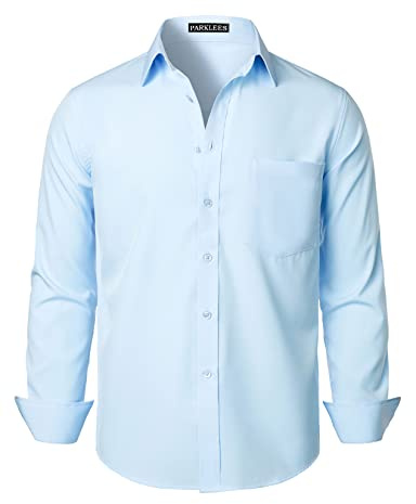 PARKLEES Men's Regular Fit Dress Shirt Solid Wrinkle-Free Long Sleeve Casual Business Button Up Shirts with Pocket PZSSCL05-Sky Blue XXL