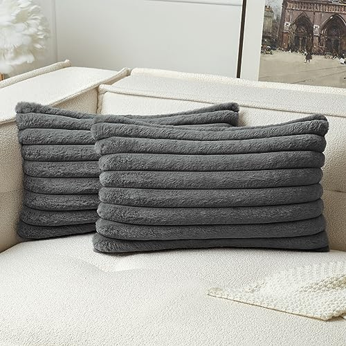 MIULEE Plüsch Kissenbezug 30x50 Deko Flauschige Kissenbezüge Kunstpelz Fell Sofakissen Flauschig Dekokissen Kissenhülle für Wohnzimmer Schlafzimmer Sofa Kuschelkissen Grau 2er Set