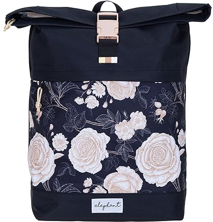 Elephant Rucksack Roll-Top Laptopfach Daypack Din A4 13038 Black flower | Damen Mädchen Freitzeitrucksack Sport Reise Schule Geheimfach Anti-Theft Large schwarz blume