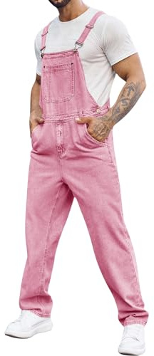 Runcati Herren Denim Latzoverall Jeans Strampler Hose Verstellbarer Riemen Arbeitskleidung Slim Fit Jumpsuit, Pink, XL