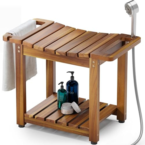 BLUEWEST Duschbank Hocker mit Ablage, Holzsitzhocker für Badezimmer, Badezimmerbank, Sitz für Erwachsene, ältere Menschen, Senioren (2 Etagen) | Wasserdichte Badezimmer-Spa-Bank zum Sitzen in der Dusche und Rasieren der Beine, mit integriertem Griff und Duschkopfhalter.