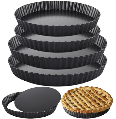 Oungy 4 Pack Quiche Dishes, 22cm/24cm Non-Stick Tart Tins Quiche Tins with Loose Base, Carbon Steel Flan Tin Round Flan Dish Pie Tin Pie Dish for Baking (Black)