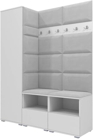 RAVIO Flurgarderobe 150 cm Ink. Schuhschrank mit Sitzbank, Garderobe Set mit Garderobenpaneel, Wandpolster & Push to Open Türen - Weiß/Wandpaneel Hellgrau