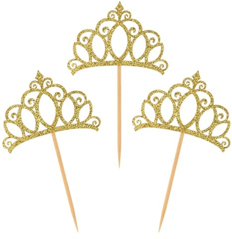 Krone Tortendeko, 24 pcs Glitter Krone Cake Topper, goldene Glitzer Topper, Cupcake Topper, Klein Krone Muffin Deko Hochzeit, für Babyparty, Geburtstag, Jahrestag, Hochzeit, Dessert-Backen