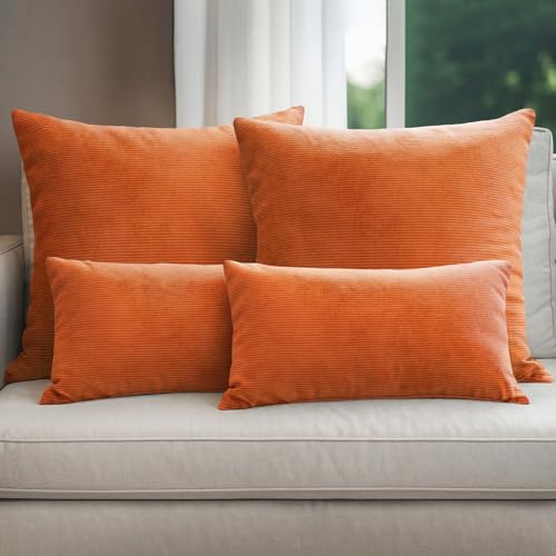 Selfitex 4er Set Cord Sofakissen 2X 30x50 + 2X 50x50, Couchkissen inkl. Füllkissen, samtiger Kissenbezug mit weicher Kissenfüllung, Flauschige Dekokissen für Wohn- & Schlafzimmer (Anzola)