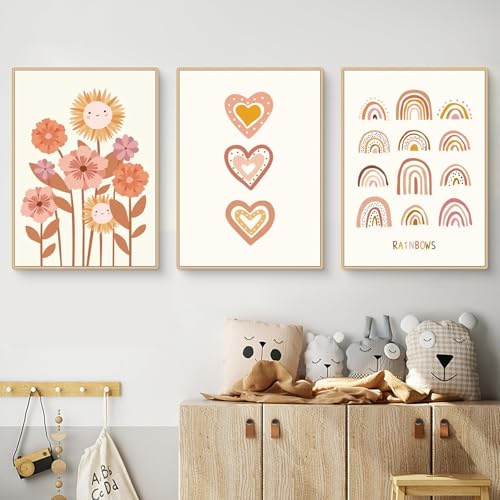 champracer 3er Set Poster für Kinderzimmer Boho Deko Bilder - Rosa Blume Sonne Regenbogen Bilde Wanddeko, Ohne Rahmen Boho Wandposter (21 x 30 cm,A)