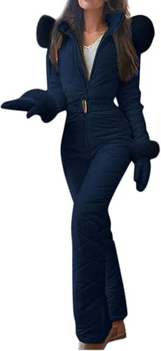 Goolecrimp Traje de Esquí y Nieve para Mujer - Mono Delgado a Prueba de Viento para Deportes al Aire Libre Con Collar de Pelo y Guantes (Azul Marino, S)