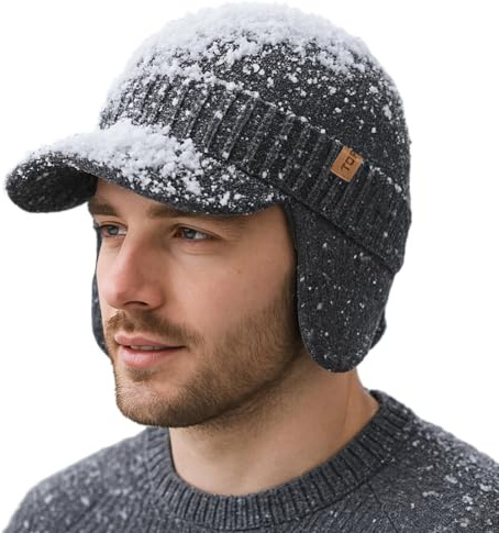 TOP-EX Bonnet d'hiver unisexe imperméable 80 % laine mérinos avec visière et cache-oreilles, doublure en polaire chaude, idéal pour le temps froid et les sports de plein air, M-L