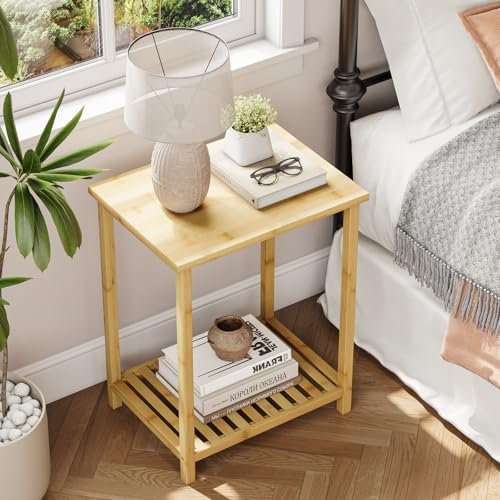 Dripex Beistelltisch, Nachttische mit 2 Ablagen, Sofatisch viereckig aus Bambus, einfacher Aufbau, Kleiner Wohnzimmertisch fürs Schlafzimmer, Wohnzimmer, 40x30x50cm