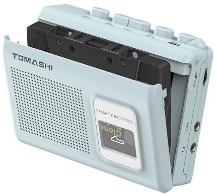 Portable Cassette Player, Tape Recorder with Built-in Speaker, Microphone, Headphone Jack, 4.57 x 3.54 x 1.38 inches (Blue)