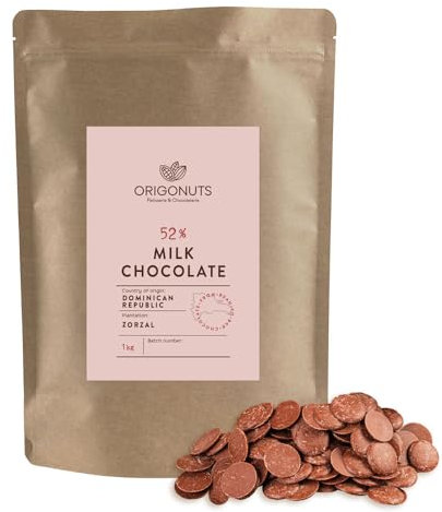 ORIGONUTS, Pepites de Chocolat au Lait à Fondre - Facile à Doser et à Dissoudre - Base pour Gâteau, Creme, Dessertes, Glace, Patisserie - Chocolat de Dubai - Dominicaine 52%, 1kg