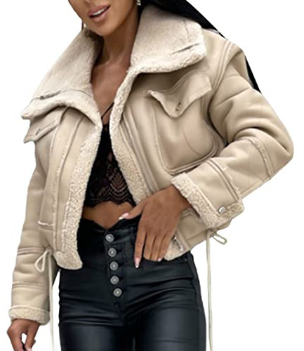 Alaurbeauty Damen Lederjacke Kurz Gefüttert Winterjacke Warm Winter Fleece Motorrad Jacke Vintage Innenfutter Mantel mit Reißverschluss Fellkragen Wintermantel (Hell Khaki, M)