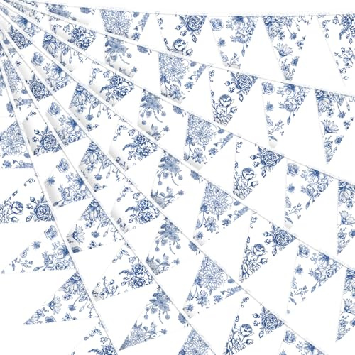 Ouvibor 32ft Blue White Vintage Floral Pennant Banner 36 Pcs Cotton Wedding Garland Triangle Banner Blue and White Party Decor Blue Bridal Shower for Wedding Bridal Shower Outdoor Decoration