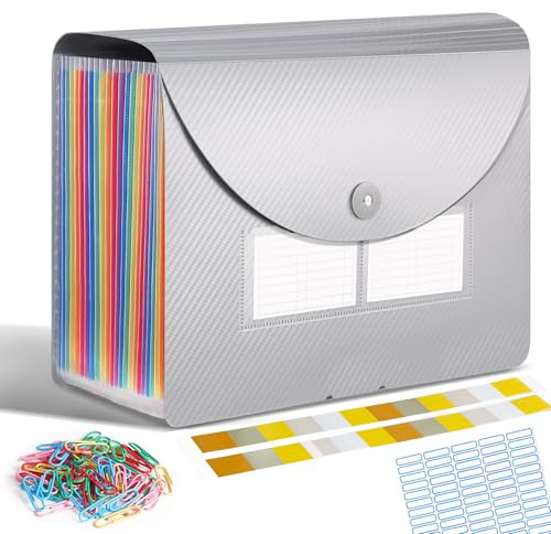 Dokumentenmappe A4, Fächermappe Sortiermappe mit 24 Fächern, Regenbogen Ordner Akkordeon Aktenordner mit Etiketten, Erweitern Ordnungsmappe mit Deckel